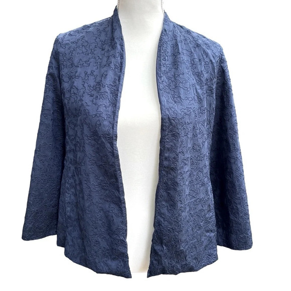 Eileen Fisher 100% Silk Navy Blue Embroidered Jacket with 3/4 Length Sleeves SML - Picture 1 of 15